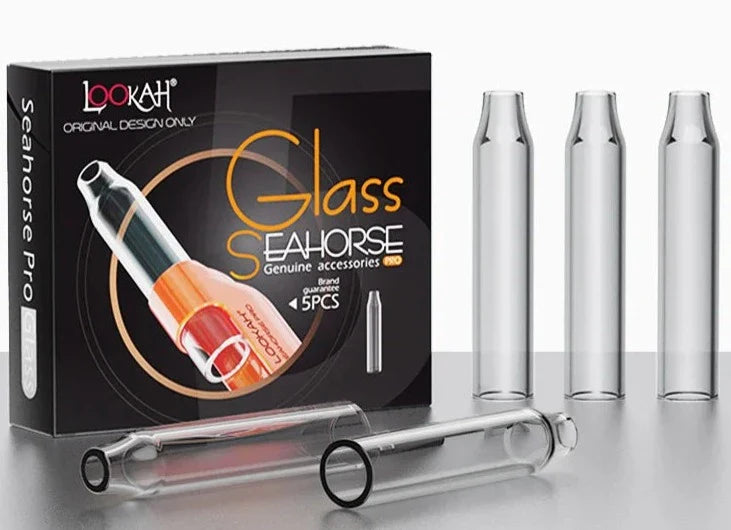 Front view of the Lookah Seahorse Pro Glass Mouthpieces 5-pack in clear glass. These non-porous borosilicate replacement tubes provide a neutral vapor pathway and are engineered as a direct factory fit for Seahorse Pro, Pro Plus, Seahorse King, and Giraffe models.