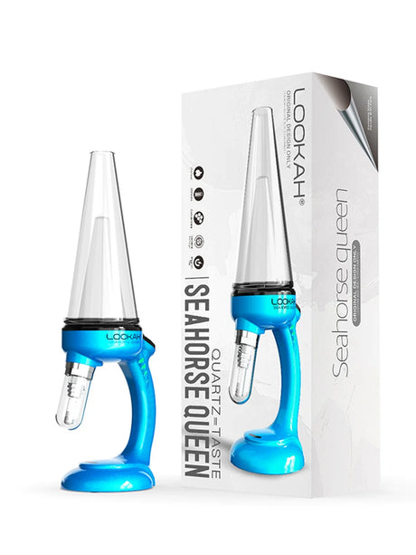 Angled overhead view of the Lookah Seahorse Queen Electric Nectar Collector in vibrant blue. This premium electronic nectar collector features adjustable voltage settings and a porous quartz heating tip for smooth, flavorful dabs directly from your wax container.