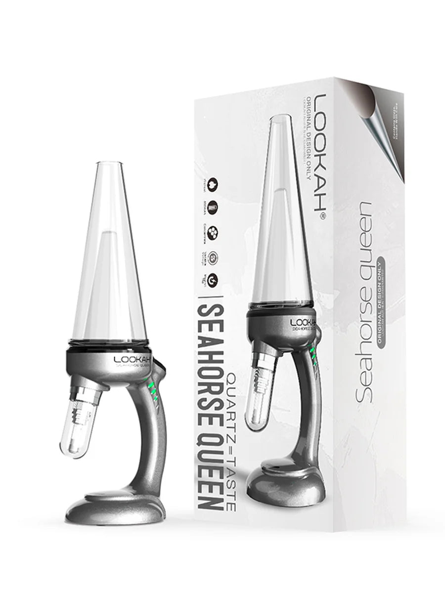 Front view of the Lookah Seahorse Queen Electric Nectar Collector in sleek gray. This premium electronic nectar collector features adjustable voltage settings and a porous quartz heating tip for smooth, flavorful dabs directly from your wax container.