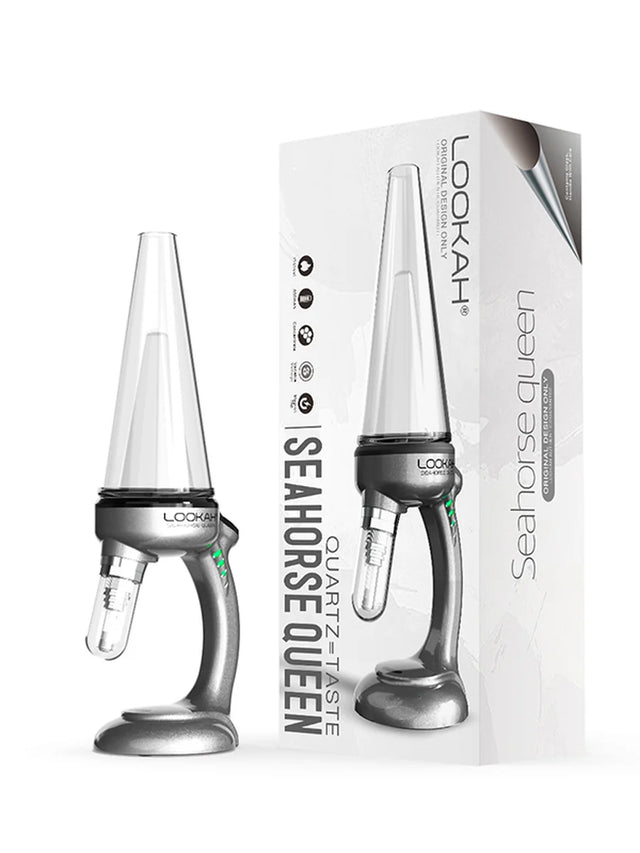 Front view of the Lookah Seahorse Queen Electric Nectar Collector in sleek gray. This premium electronic nectar collector features adjustable voltage settings and a porous quartz heating tip for smooth, flavorful dabs directly from your wax container.
