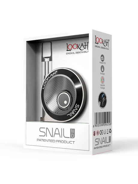 Front view of the Lookah Snail 2.0 350mAh vape battery in vibrant silver. This ultra-compact, uniquely contoured 510-thread cart battery fits comfortably in your hand for highly discreet, travel-ready concentrate sessions.