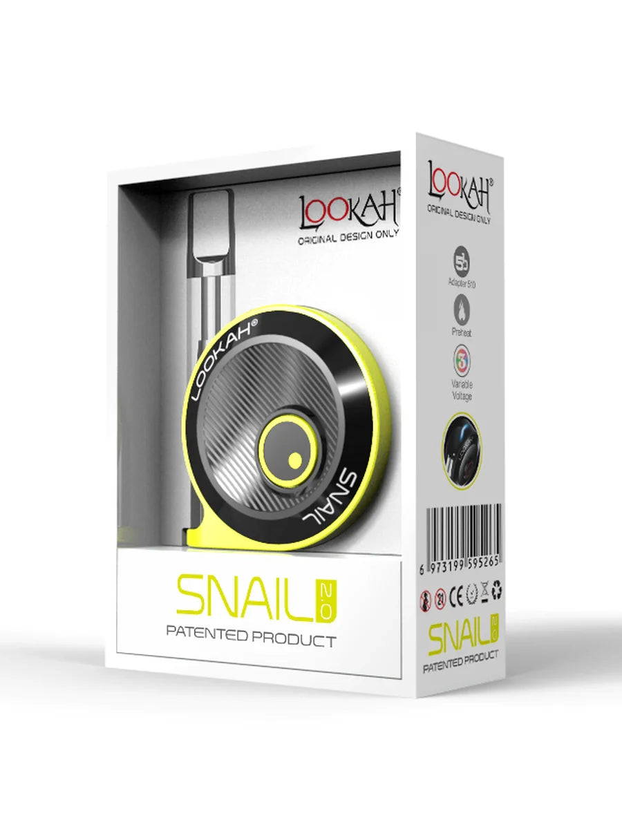 Front view of the Lookah Snail 2.0 350mAh vape battery in vibrant yellow. This ultra-compact, uniquely contoured 510-thread cart battery fits comfortably in your hand for highly discreet, travel-ready concentrate sessions.
