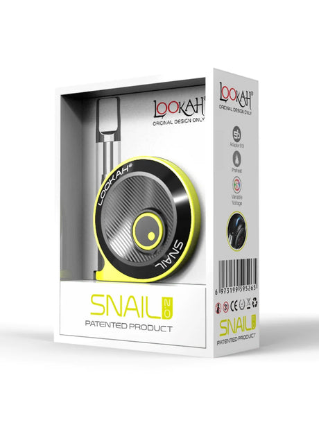 Front view of the Lookah Snail 2.0 350mAh vape battery in vibrant yellow. This ultra-compact, uniquely contoured 510-thread cart battery fits comfortably in your hand for highly discreet, travel-ready concentrate sessions.