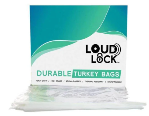 Front angled view of the Loud Lock Turkey Bags 100-count retail box in signature black and orange branding. This box contains 100 heavy-duty, puncture-resistant nylon liners engineered to serve as a reliable choice for maintaining product freshness and security.