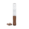 Side profile view of the Marley Natural Rise Up steamroller in clear glass with bold red lettering. This pocket-friendly pipe is crafted from medical-grade borosilicate glass to preserve the natural flavors of dry herb while delivering smooth, flavorful hits.