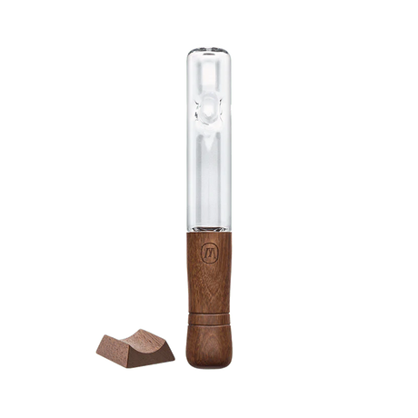 Side profile view of the Marley Natural Rise Up steamroller in clear glass with bold red lettering. This pocket-friendly pipe is crafted from medical-grade borosilicate glass to preserve the natural flavors of dry herb while delivering smooth, flavorful hits.