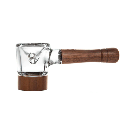 Front view of the Marley Natural Spoon Pipe in a natural brown walnut wood and clear borosilicate glass finish. This premium hand pipe features a rounded wooden bowl base that provides a comfortable grip while smoking dry herbs.