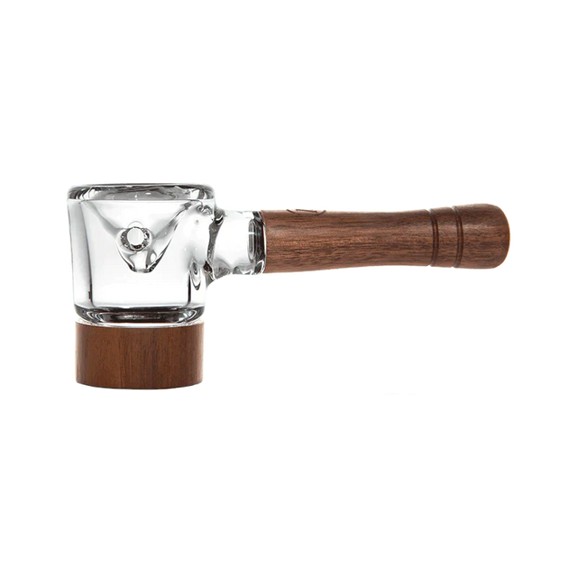Front view of the Marley Natural Spoon Pipe in a natural brown walnut wood and clear borosilicate glass finish. This premium hand pipe features a rounded wooden bowl base that provides a comfortable grip while smoking dry herbs.