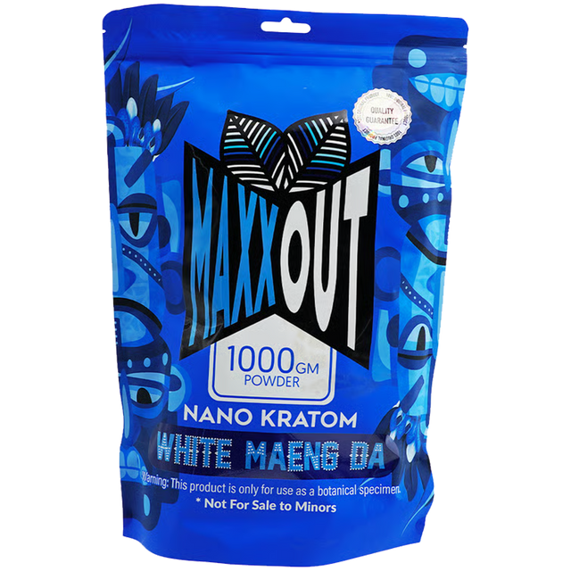 Front view of the Maxx Out Nano Kratom White Maeng Da Powder pouch in blue and black. This premium nano-ground kratom powder provides an ultra-fine texture for enhanced alkaloid absorption and daytime energy.
