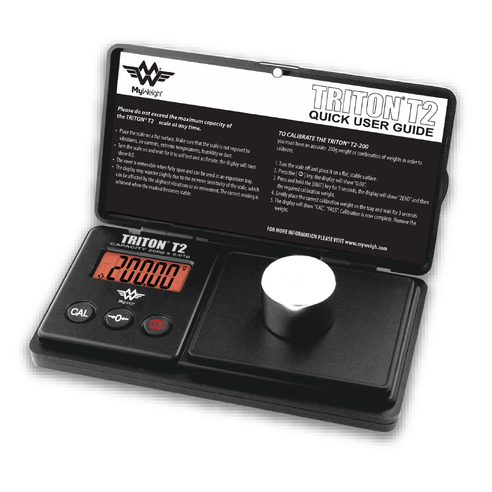 Front angled view of the open MyWeigh Triton T2 300g scale in black. The interface showcases an easy-to-read backlit LCD display and a stainless steel weighing platform that delivers highly accurate 0.1g measurements for dry herbs.