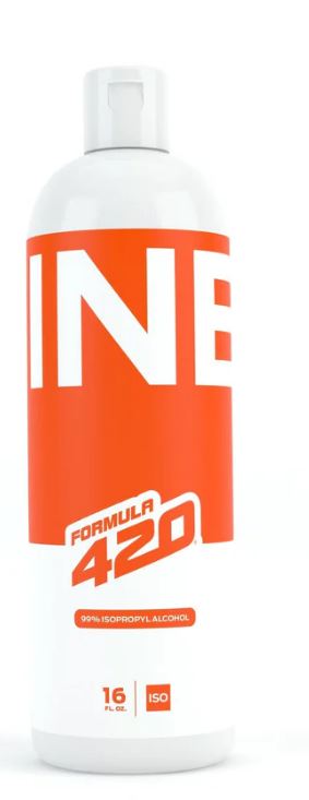 Front view of the Nine9 Formula 420 Isopropyl Cleaner 16oz featuring an orange label. This 99.9% isopropyl alcohol solution provides frictionless operation to actively dissolve hardened botanical tar from borosilicate, quartz, and metal hardware.