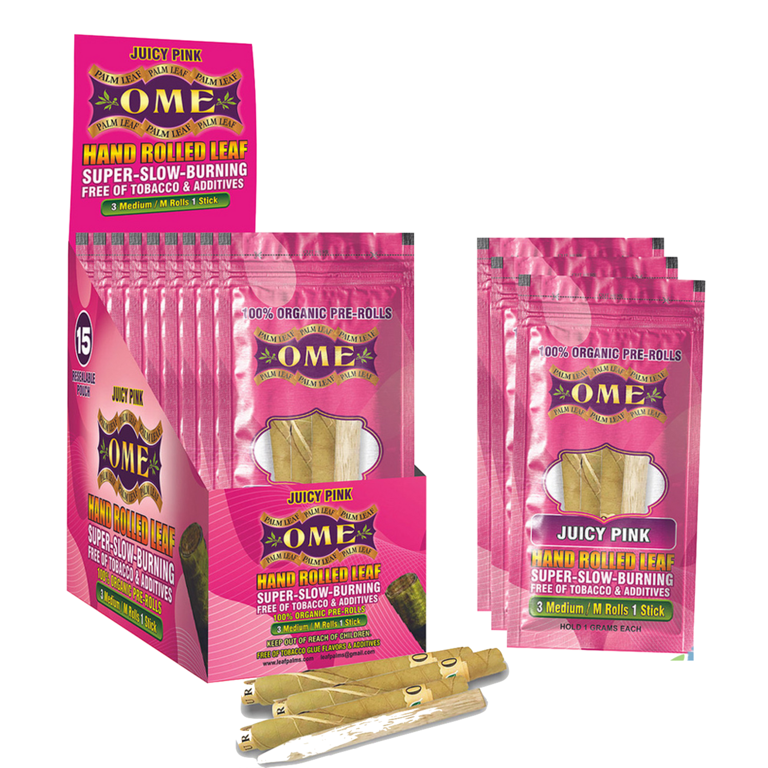Angled overhead view of the open OME hand rolled tendu leaf wraps display box in pink. The convenient pop-up retail design perfectly presents the individual pouches for easy customer browsing and quick point-of-sale purchases.