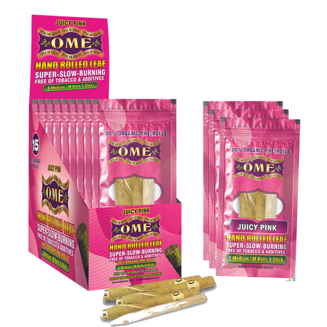 Angled overhead view of the open OME hand rolled tendu leaf wraps display box in pink. The convenient pop-up retail design perfectly presents the individual pouches for easy customer browsing and quick point-of-sale purchases.
