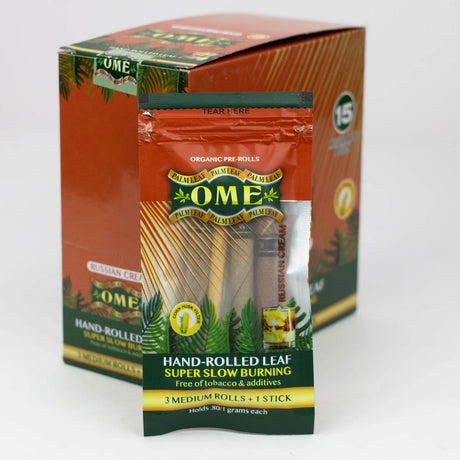 Front view of the closed OME hand rolled tendu leaf wraps 15-count display box in a brown. This wholesale retail display provides shops with premium, tobacco-free pre-rolled palm leaf wraps for a smooth and slow-burning smoke.
