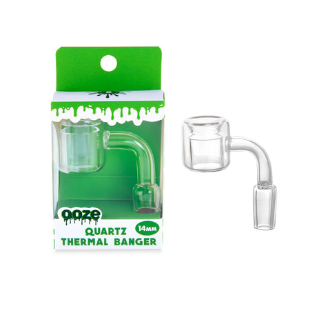 Side profile view of the clear Ooze 14mm thermal quartz banger. This concentrate accessory utilizes an innovative cup-in-cup thermal structure to retain target temperatures far longer.