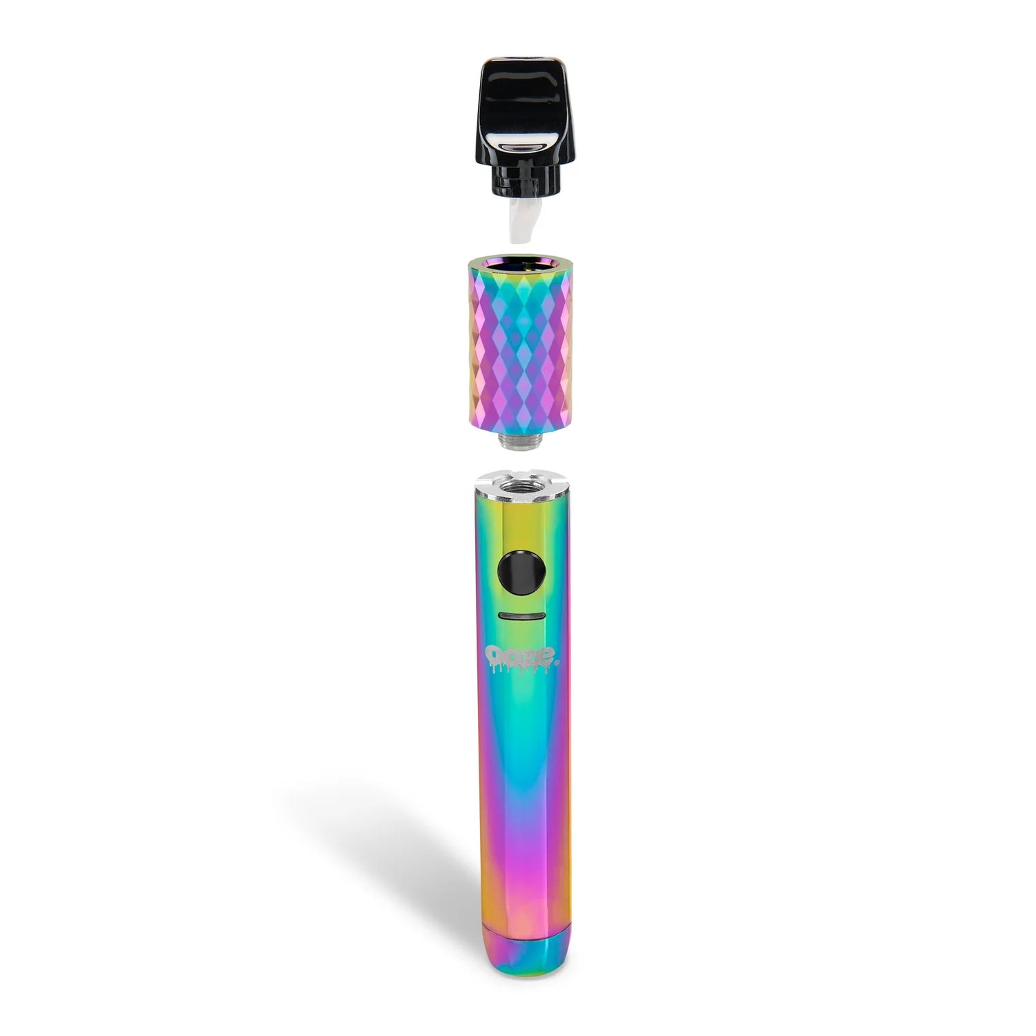 Angled view of the Ooze Beacon extract vaporizer in a vibrant metallic rainbow finish. Featuring an advanced Onyx C-Core atomizer, this portable concentrate pen delivers excellent flavor and heavy vapor production.