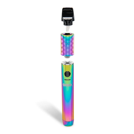 Angled view of the Ooze Beacon extract vaporizer in a vibrant metallic rainbow finish. Featuring an advanced Onyx C-Core atomizer, this portable concentrate pen delivers excellent flavor and heavy vapor production.