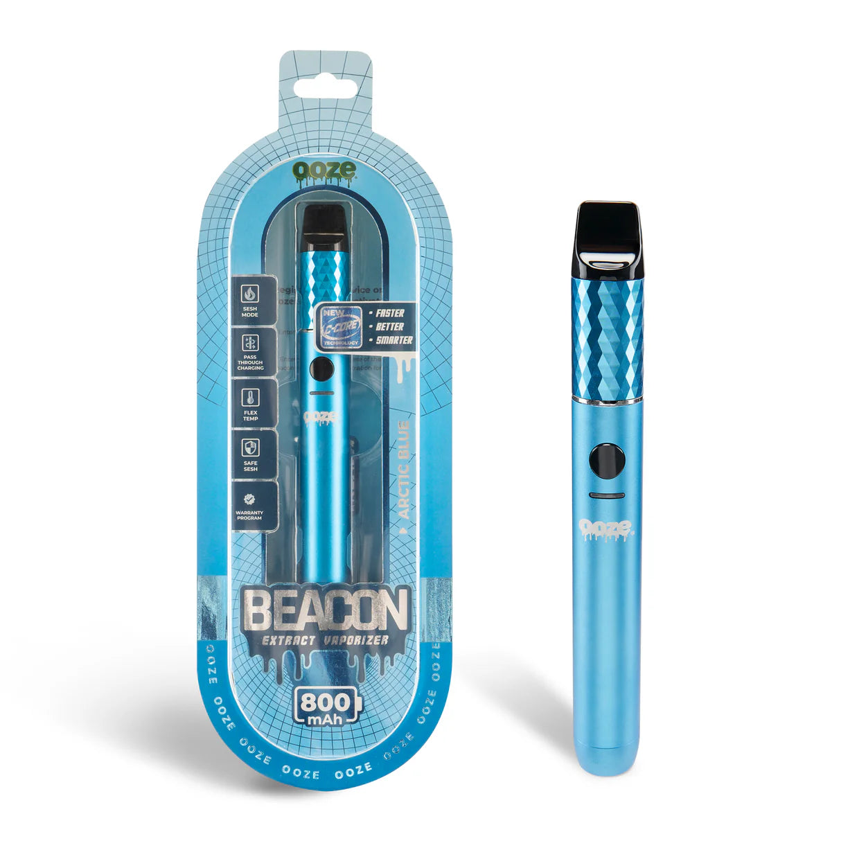 Front view of the Ooze Beacon extract vaporizer in bright sapphire blue. Constructed with a durable zinc alloy body, this portable extract vape features a customizable voltage range between 2.7V and 3.7V.