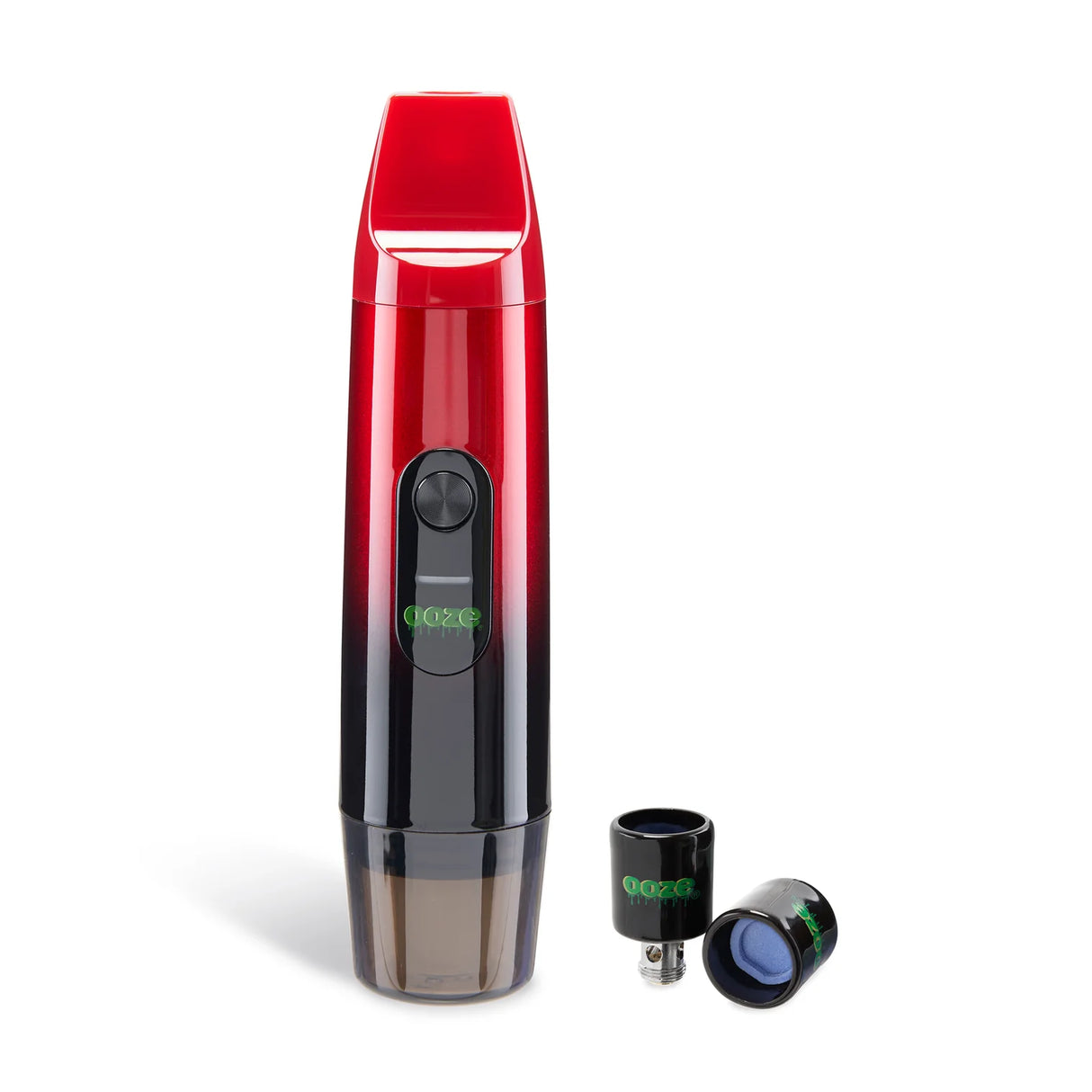 Front view of the Ooze Booster 2-in-1 extract vaporizer kit in sleek panther red and black. This versatile concentrate device serves as a handheld dab pen and easily converts into a powerful e-rig when paired with your favorite glass water pipe.
