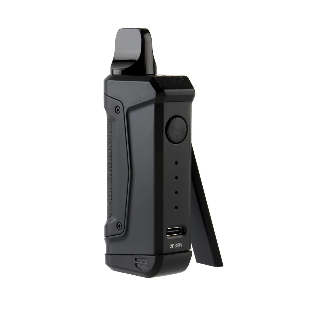 Front view of the Ooze Duplex 2 Dual Extract Vaporizer in black. This C-Core technology device features three unique ways to vape, allowing users to switch between a standard 510 oil cartridge, an Onyx Atomizer for dabs, or an XL Nectar Tip.