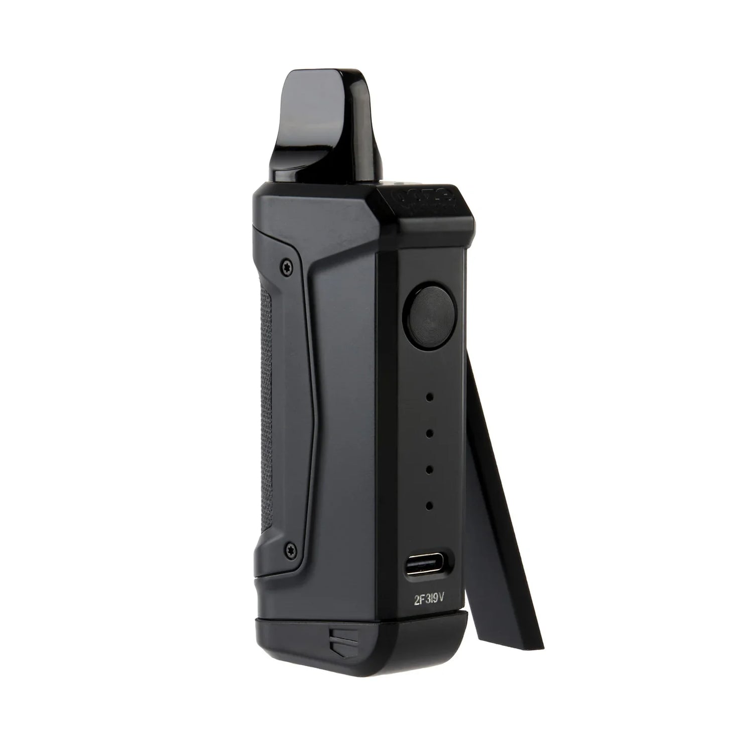 Front view of the Ooze Duplex 2 Dual Extract Vaporizer in black. This C-Core technology device features three unique ways to vape, allowing users to switch between a standard 510 oil cartridge, an Onyx Atomizer for dabs, or an XL Nectar Tip.