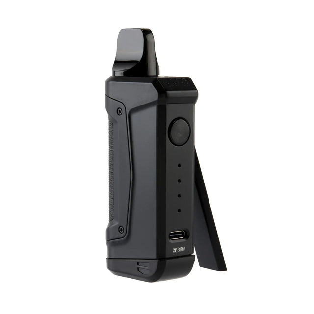 Front view of the Ooze Duplex 2 Dual Extract Vaporizer in black. This C-Core technology device features three unique ways to vape, allowing users to switch between a standard 510 oil cartridge, an Onyx Atomizer for dabs, or an XL Nectar Tip.