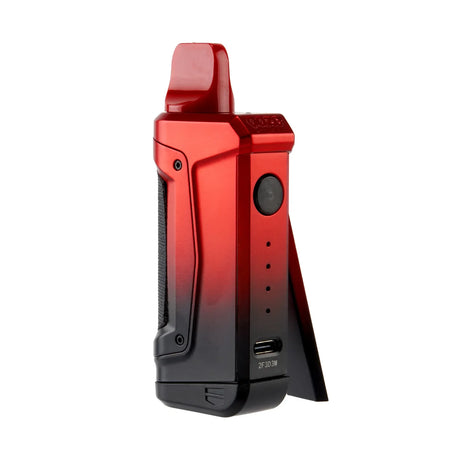 Front view of the Ooze Duplex 2 Dual Extract Vaporizer in midnight sun (red to black gradient). This C-Core technology device features three unique ways to vape, allowing users to switch between a standard 510 oil cartridge, an Onyx Atomizer for dabs, or an XL Nectar Tip.