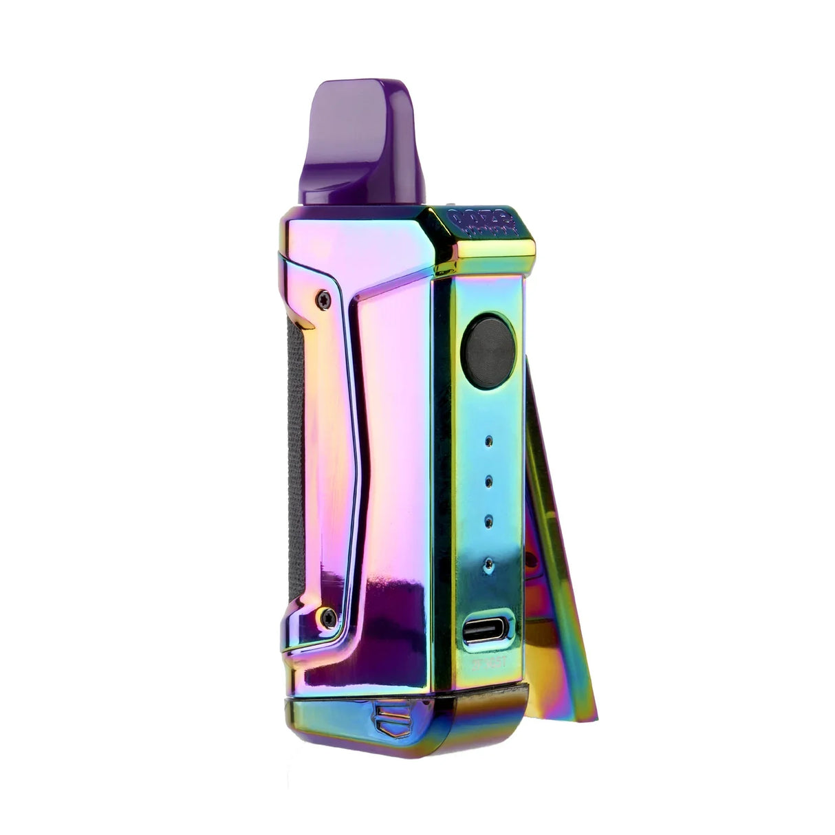 Front view of the Ooze Duplex 2 Dual Extract Vaporizer in an iridescent rainbow finish. This C-Core technology device features three unique ways to vape, allowing users to switch between a standard 510 oil cartridge, an Onyx Atomizer for dabs, or an XL Nectar Tip.