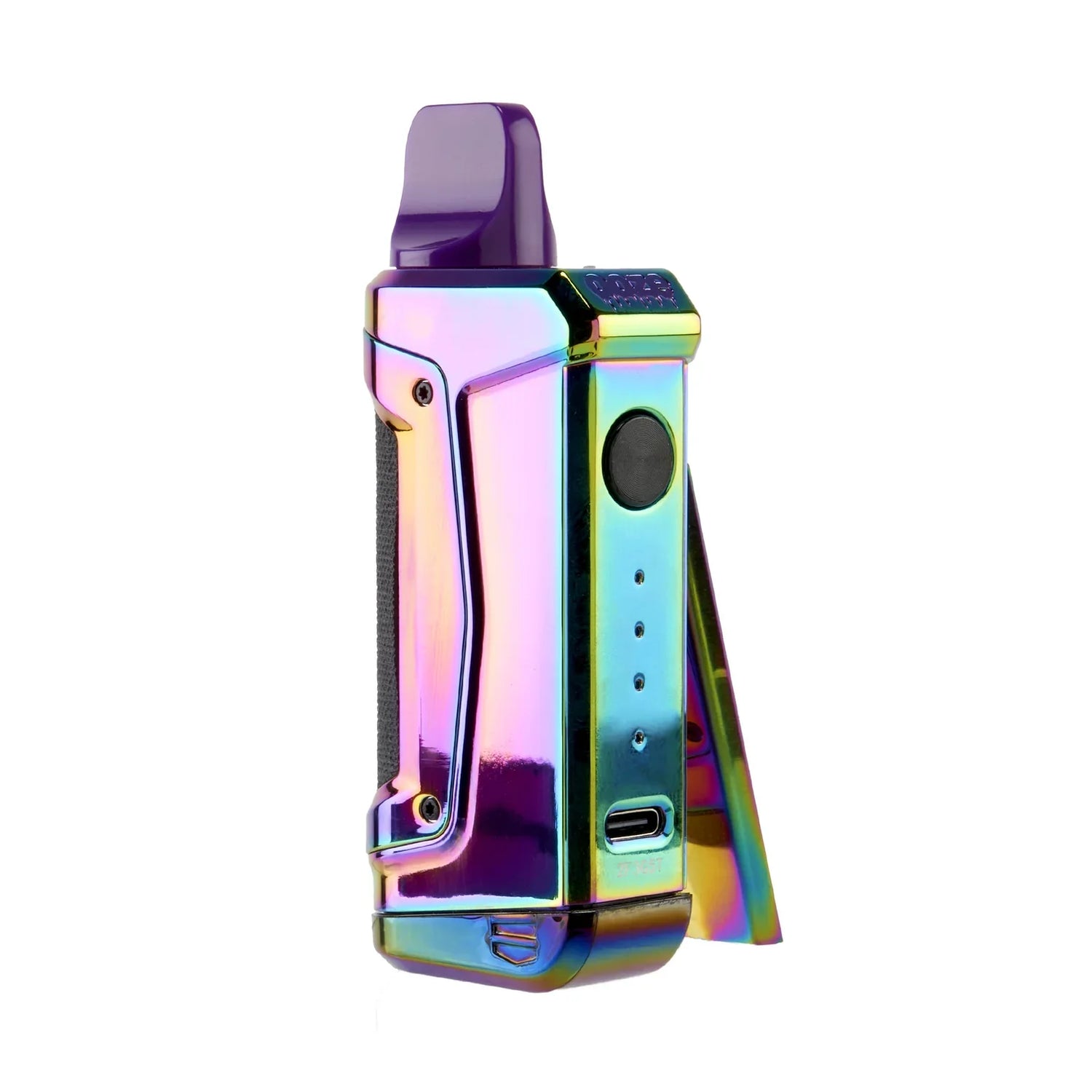 Front view of the Ooze Duplex 2 Dual Extract Vaporizer in an iridescent rainbow finish. This C-Core technology device features three unique ways to vape, allowing users to switch between a standard 510 oil cartridge, an Onyx Atomizer for dabs, or an XL Nectar Tip.