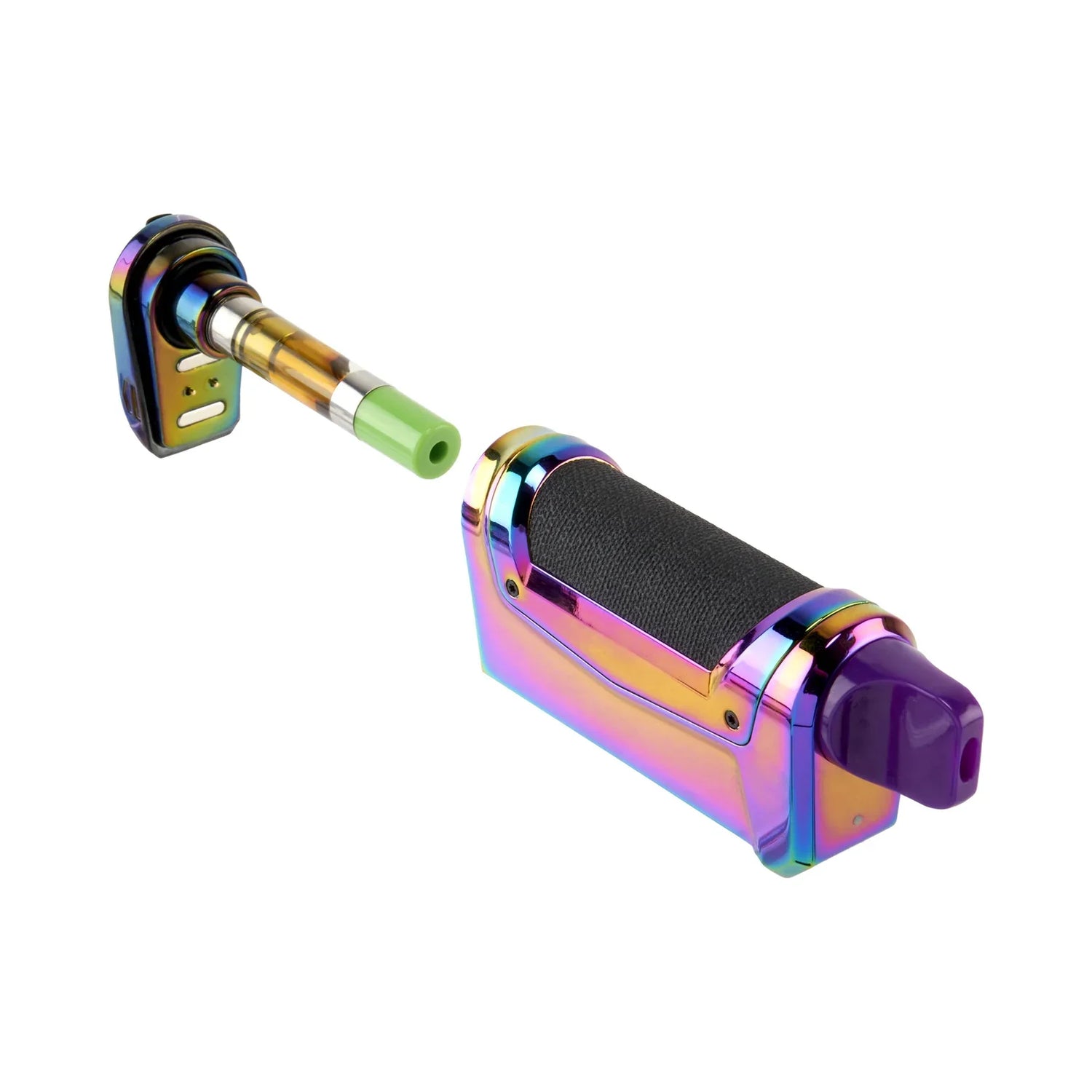 Angled view of the Ooze Duplex 2 Dual Extract Vaporizer. This C-Core technology device features three unique ways to vape, allowing users to switch between a standard 510 oil cartridge, an Onyx Atomizer for dabs, or an XL Nectar Tip.