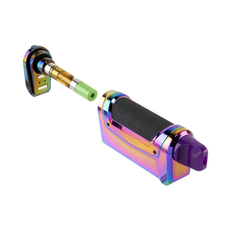 Angled view of the Ooze Duplex 2 Dual Extract Vaporizer. This C-Core technology device features three unique ways to vape, allowing users to switch between a standard 510 oil cartridge, an Onyx Atomizer for dabs, or an XL Nectar Tip.