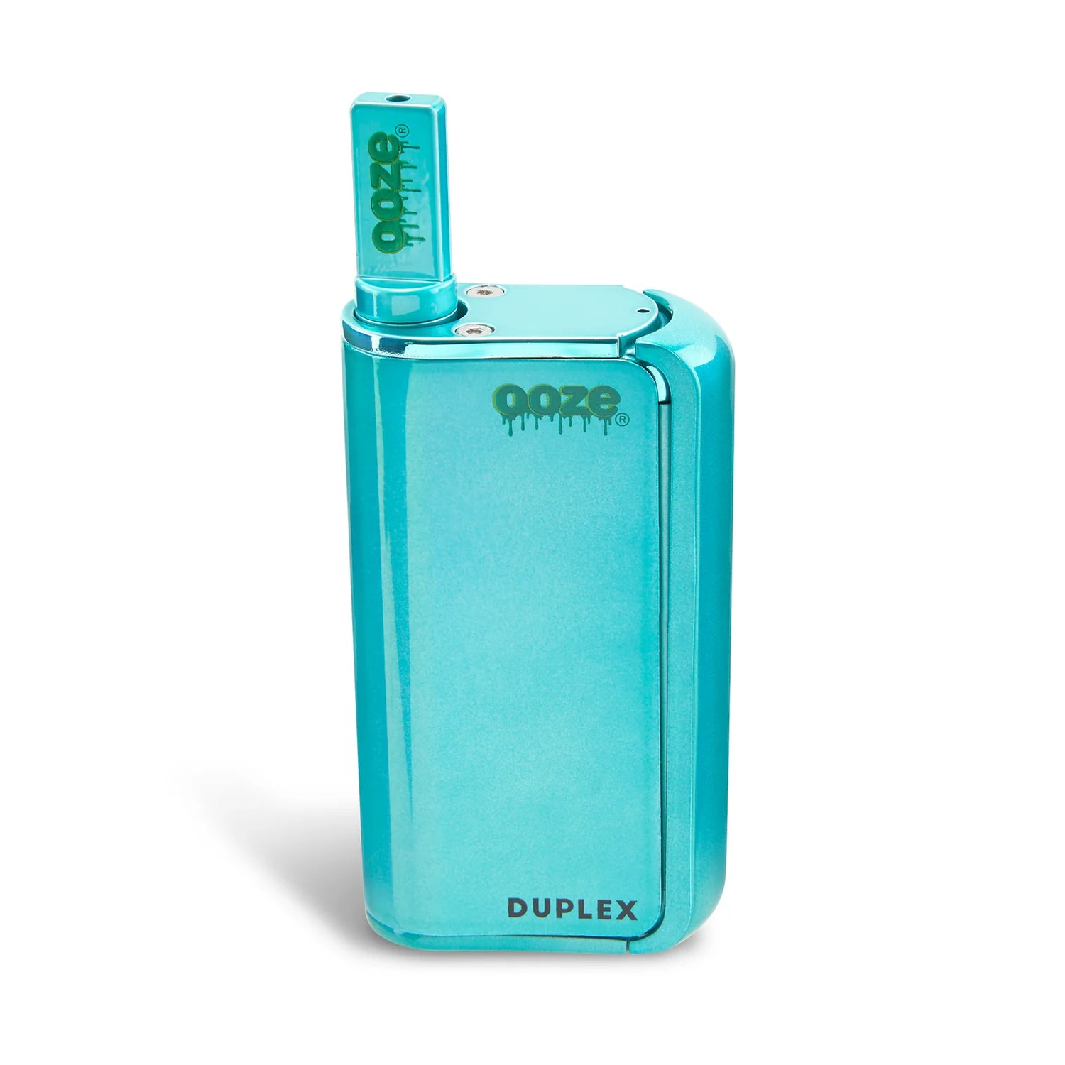 Front view of the Ooze Duplex Pro dual extract vaporizer kit in sleek teal. This upgraded palm-sized device features a concealed 510-thread chamber and a powerful C-Core Onyx atomizer to seamlessly handle both oil cartridges and raw extracts.