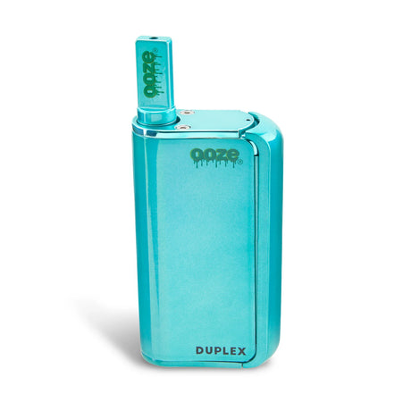 Front view of the Ooze Duplex Pro dual extract vaporizer kit in sleek teal. This upgraded palm-sized device features a concealed 510-thread chamber and a powerful C-Core Onyx atomizer to seamlessly handle both oil cartridges and raw extracts.