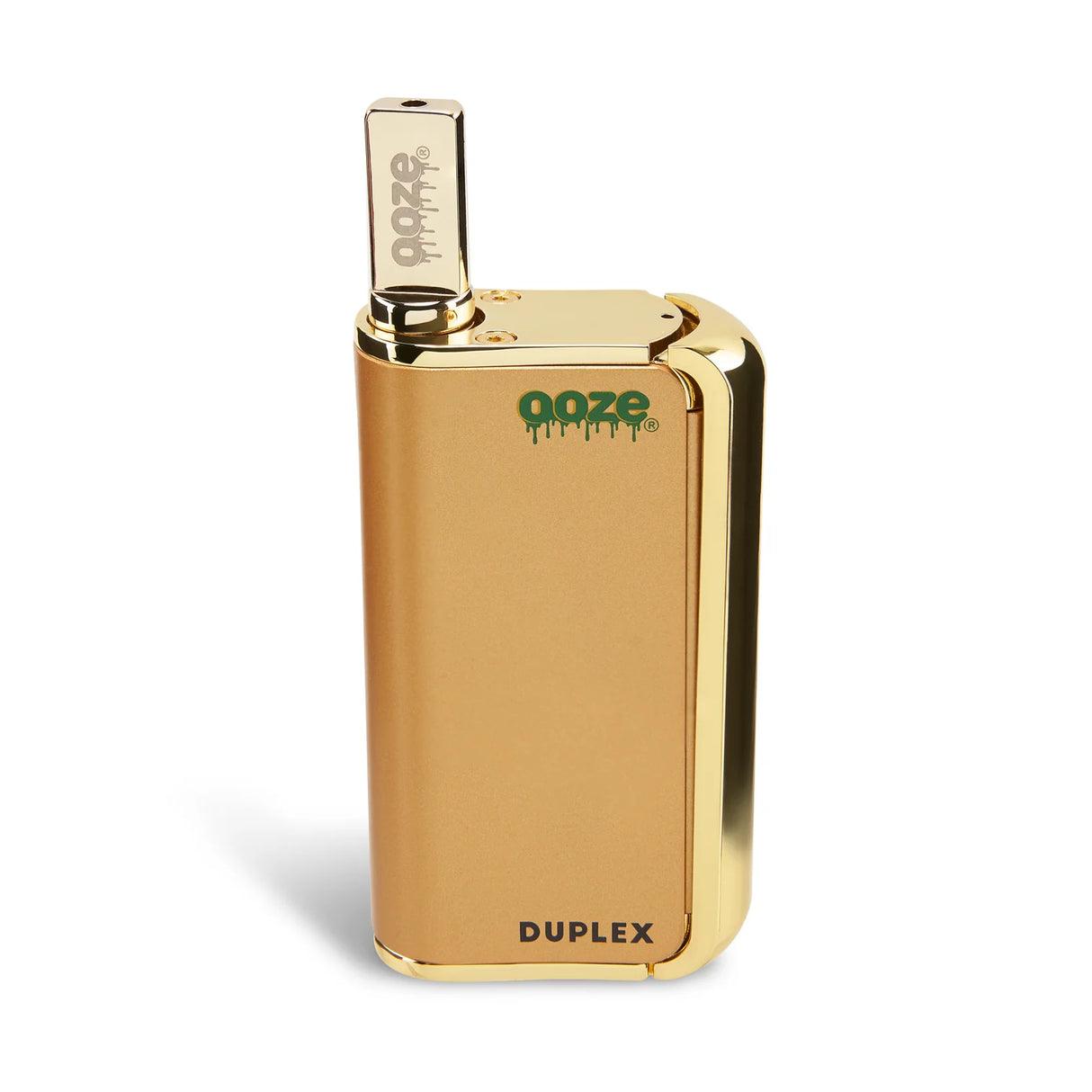Front view of the Ooze Duplex Pro dual extract vaporizer kit in bright gold. This upgraded palm-sized device features a concealed 510-thread chamber and a powerful C-Core Onyx atomizer to seamlessly handle both oil cartridges and raw extracts.