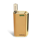 Front view of the Ooze Duplex Pro dual extract vaporizer kit in bright gold. This upgraded palm-sized device features a concealed 510-thread chamber and a powerful C-Core Onyx atomizer to seamlessly handle both oil cartridges and raw extracts.