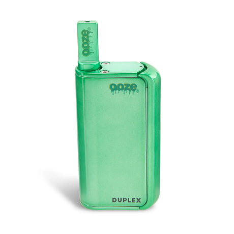 Front view of the Ooze Duplex Pro dual extract vaporizer kit in sleek green. This upgraded palm-sized device features a concealed 510-thread chamber and a powerful C-Core Onyx atomizer to seamlessly handle both oil cartridges and raw extracts.