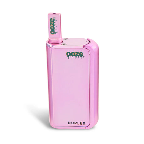 Front view of the Ooze Duplex Pro dual extract vaporizer kit in sleek pink. This upgraded palm-sized device features a concealed 510-thread chamber and a powerful C-Core Onyx atomizer to seamlessly handle both oil cartridges and raw extracts.