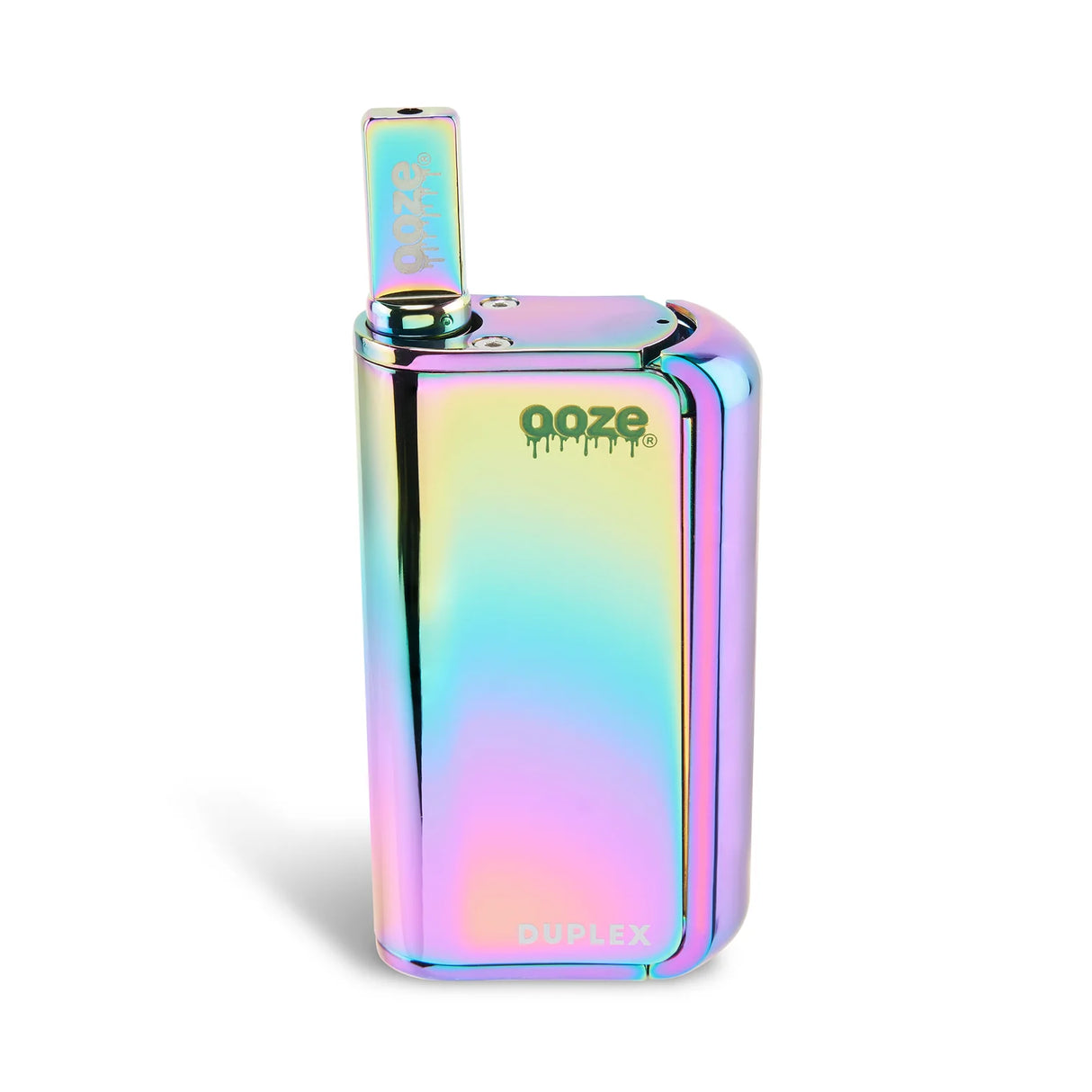 Front view of the Ooze Duplex Pro dual extract vaporizer kit in vibrant rainbow. This upgraded palm-sized device features a concealed 510-thread chamber and a powerful C-Core Onyx atomizer to seamlessly handle both oil cartridges and raw extracts.