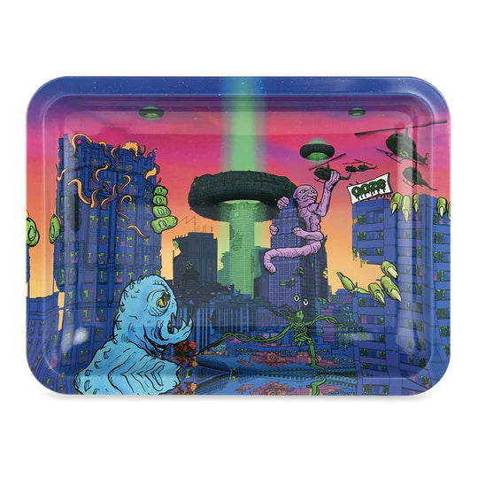 Ooze After Hours metal tray with multiple monster designs in a dense city