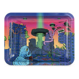 Ooze After Hours metal tray with multiple monster designs in a dense city