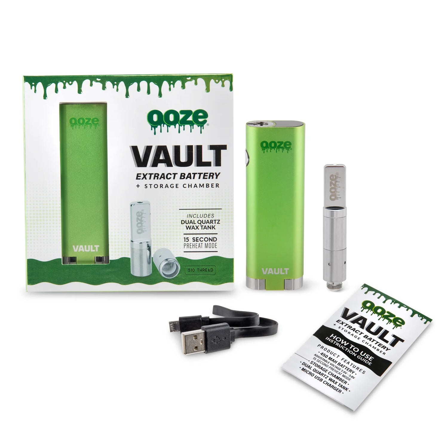 Front facing view of the Ooze Vault Extract Vaporizer Battery inside its official branded retail box packaging. This professional wholesale window carton highlights the hidden chamber feature, making it a high-turnover impulse item for dispensary displays.