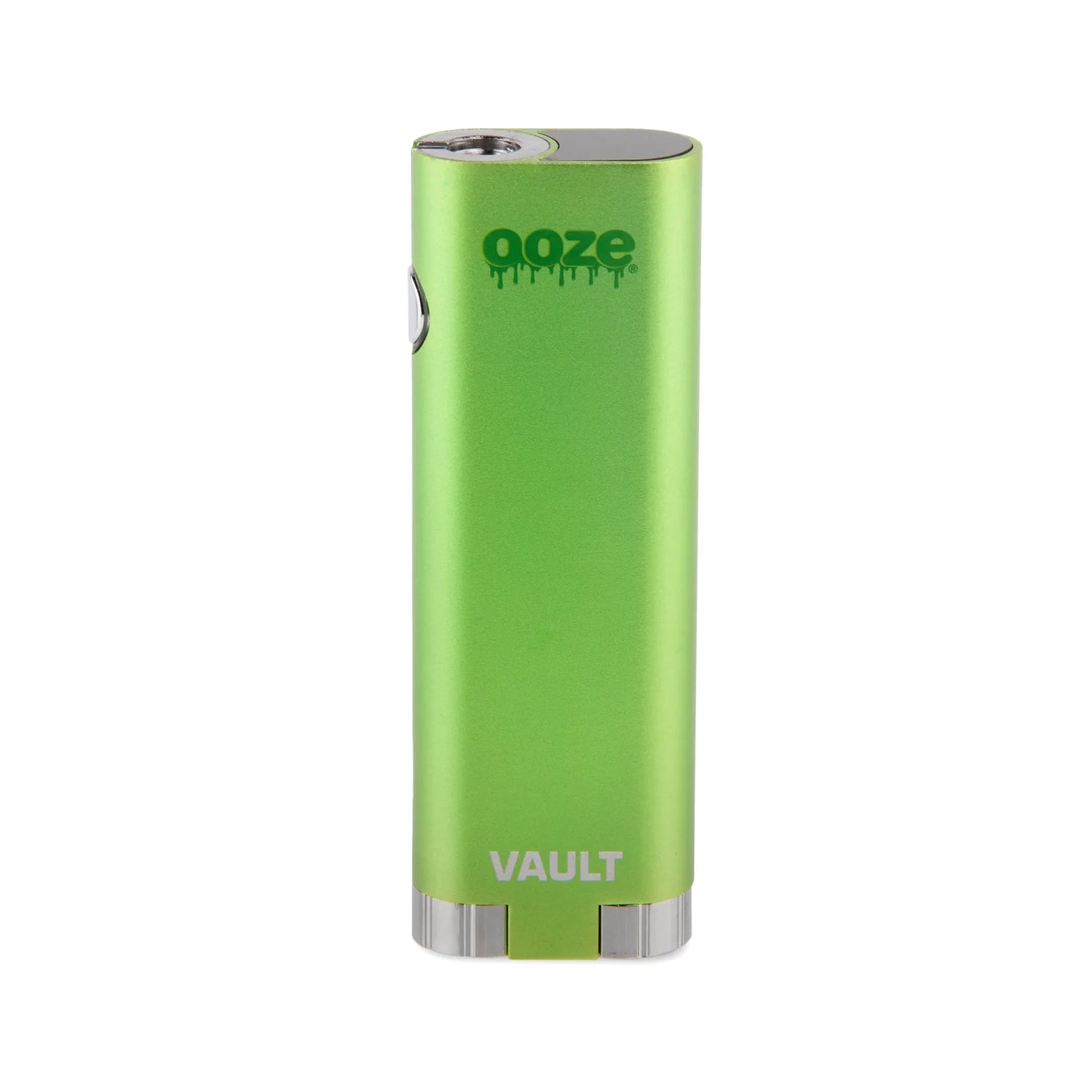Front angled view of the Ooze Vault Extract Vaporizer Battery in green. This innovative 510-threaded vape battery features a hidden compartment to securely store an extra oil cartridge or wax jar on the go.