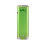 Front angled view of the Ooze Vault Extract Vaporizer Battery in green. This innovative 510-threaded vape battery features a hidden compartment to securely store an extra oil cartridge or wax jar on the go.