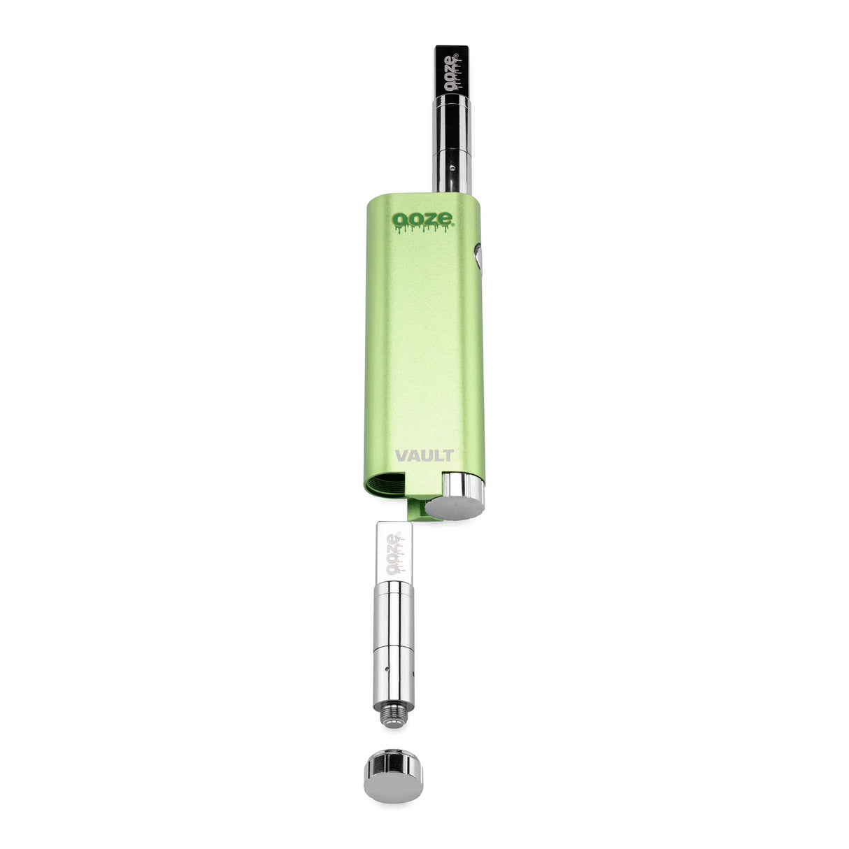 Side profile view of the green Ooze Vault Extract Vaporizer Battery with its bottom storage chamber twisted open. This secret compartment easily unscrews from the base of the battery to safely carry loose 510 oil cartridges or dabbing concentrates.