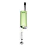 Side profile view of the green Ooze Vault Extract Vaporizer Battery with its bottom storage chamber twisted open. This secret compartment easily unscrews from the base of the battery to safely carry loose 510 oil cartridges or dabbing concentrates.