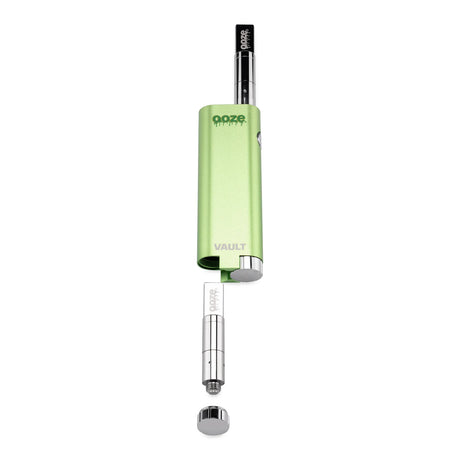 Side profile view of the green Ooze Vault Extract Vaporizer Battery with its bottom storage chamber twisted open. This secret compartment easily unscrews from the base of the battery to safely carry loose 510 oil cartridges or dabbing concentrates.