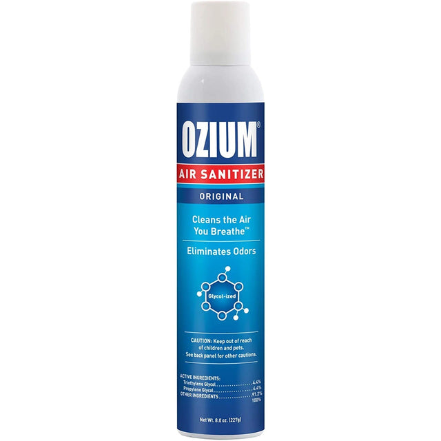 Front view of the Ozium Original Smoke & Odor Eliminator 8oz spray can. This highly concentrated aerosol formula actively binds with scent particles to neutralize them and temporarily reduce airborne bacteria levels.