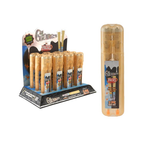 Front angled view of the Packs Glones Pre-Rolled Cones King Size 12-count display carton in brown and orange packaging. These unbleached king size cones feature a pre-installed glass tip that acts as a physical barrier to cool the draw and prevent the end from compressing during inhalation.