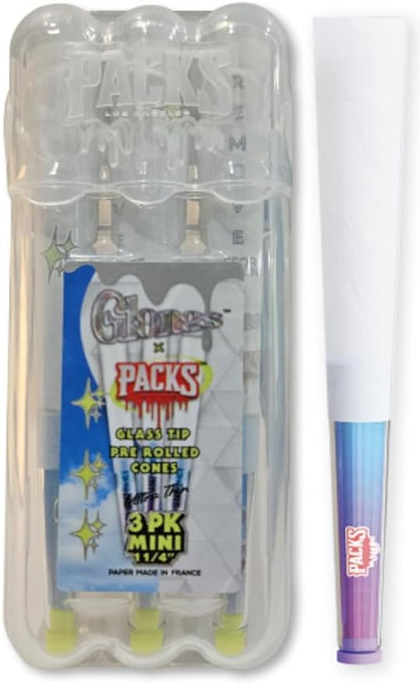 Front angled view of the Packs Glones Pre-Rolled Cones 3-pack in a blue, green, and pink box. These 1 1/4 size ultra-thin white paper cones feature pre-installed glass tips that physically cool the draw and prevent the mouthpiece from compressing during use.