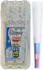 Front angled view of the Packs Glones Pre-Rolled Cones 3-pack in a blue, green, and pink box. These 1 1/4 size ultra-thin white paper cones feature pre-installed glass tips that physically cool the draw and prevent the mouthpiece from compressing during use.